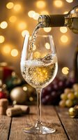 White wine pouring into glass with festive bokeh lights, holiday decorations, and wooden surface. Celebration and entertaining concept.