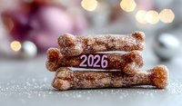 Dog treats dusted with powdered sugar stacked with number 2026 written on middle bone against blurred bokeh lights and sparkly surface for holiday season.