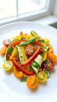 Fresh colorful vegetable salad with tomatoes, bell peppers, cucumber and herbs on white plate for healthy eating and Mediterranean cuisine.