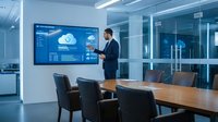 Professional businessman presenting cloud computing data on large screen in modern conference room with glass walls and wooden table.