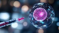Medical syringe injecting glowing pink substance into transparent sphere cell on dark background with bokeh lights, science research concept.