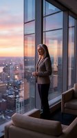 Professional businesswoman in suit standing by floor-to-ceiling windows overlooking city skyline at sunset, corporate office interior with urban view.