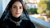 Young woman wearing black lace mantilla and ornate silver necklace against blurred Mediterranean architecture background, elegant traditional Spanish style portrait.