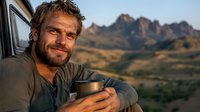 Bearded Caucasian man in casual outdoor wear holding coffee mug while leaning against vehicle during golden hour, mountains and wilderness landscape in background.