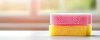 Colorful kitchen sponges stacked on clean counter surface for household cleaning and dishwashing tasks in bright modern home interior.