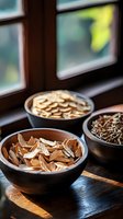 Traditional Chinese herbal medicine ingredients in ceramic bowls on wooden table near window, natural morning light creates atmospheric mood.