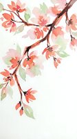 Watercolor cherry blossom branch with pink and coral flowers and green leaves on white background for cards and prints.
