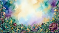 Watercolor floral border with ornamental swirls in vibrant multicolored tones, featuring peacock feathers and blooming flowers on white background for invitations and design projects.