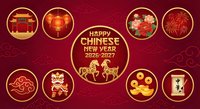 Happy Chinese New Year 2026-2027 celebration design with traditional symbols, lanterns, dragons, and festive elements on red background.