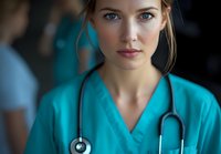 Young female medical professional in turquoise scrubs and stethoscope looking directly at camera with confident expression against dark background.