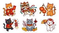 Cute Asian lucky cats with red envelopes, lanterns and traditional ornaments for festive celebrations and holiday designs.