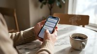 Woman in beige sweater using smartphone at wooden table with coffee cup in cozy home interior for digital communication and morning routine.