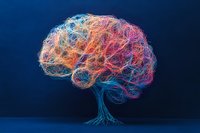 Glowing neural network in shape of brain with tree-like roots against dark background illustrates artificial intelligence and machine learning concepts.