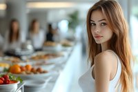 Young Caucasian woman with long brown hair and natural makeup standing near buffet table with fresh fruits and food. Soft daylight creates pleasant atmosphere.