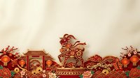 Young lion statue with traditional ornamental design and red gold decorative elements, lanterns, coins for lunar new year celebrations, festive holiday decoration.