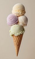 Four scoops of colorful ice cream in waffle cone on neutral background for dessert menu design and summer food advertising campaigns.