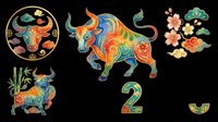 Colorful decorative bull and zodiac elements with ornate patterns, isolated on transparent background. Ready for t-shirt design, clipart, stickers, sublimation, and print-on-demand projects.