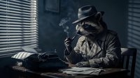 Anthropomorphic raccoon detective in fedora hat smoking cigar at desk with typewriter, noir style office setting with venetian blinds and papers.