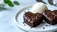 Heart shaped chocolate brownies with vanilla ice cream scoop on white plate, drizzled with dark chocolate sauce and decorated with sea salt flakes, romantic dessert setup.