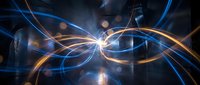 Abstract flowing energy waves with glowing orange and blue light trails creating dynamic motion patterns against dark cosmic background for digital art.
