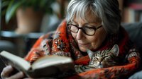 Senior woman with glasses reading book while cuddling with tabby cat on cozy sofa at home. Peaceful retirement lifestyle and pet companionship concept.
