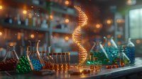 Glowing DNA helix structure in laboratory setting with glass flasks and test tubes, orange bokeh lights create magical scientific atmosphere in research lab.