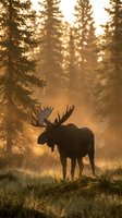 Majestic bull moose silhouette standing in golden sunrise light through misty forest with evergreen trees creating atmospheric wilderness scene.