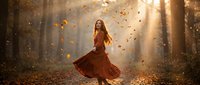 Young woman with long red hair dancing in flowing burgundy dress among falling autumn leaves in magical forest with golden sunlight streaming through trees.