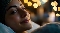 Young woman relaxing with warm bokeh lights creating cozy evening atmosphere for wellness and self-care lifestyle content.