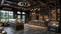 Rustic bakery interior with fresh bread displays, wooden beams, stone flooring, and vintage-style lighting. Cozy artisanal shop atmosphere showcases baked goods on shelves.