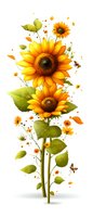 Vibrant sunflowers with green leaves, orange petals, and butterflies on white isolated background. Artistic floral composition with splashes and small wildflowers.