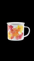 Enamel camping mug with vibrant watercolor paint splashes in red, orange, and yellow on white. Isolated on transparent background, ready for sublimation, print-on-demand, and merchandise design.