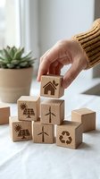 Hand placing wooden cube with house icon on stack of eco-friendly blocks featuring solar panels, wind turbines and recycling symbols for sustainable living.