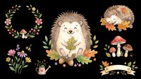 Hedgehog and autumn botanical elements isolated on transparent background, ready for t-shirt design, clipart, stickers, sublimation and print-on-demand projects.