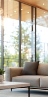 Modern gray sofa with cushion in bright living room interior with floor-to-ceiling windows, pendant lights and natural daylight creating cozy atmosphere.