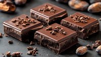 Dark chocolate squares with cocoa nibs scattered on top, rich textured surface and layered filling photographed with shallow depth of field on dark background.