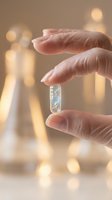 Hand holding transparent capsule with DNA helix inside against warm bokeh lights background representing genetic medicine and biotechnology innovation.