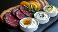 Appetizer platter with sliced salami, fresh baguette, rosemary garnish and assorted dips including herb butter and olive oil served on dark slate board. Food photography.