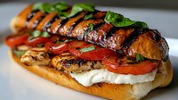 Grilled chicken sandwich with fresh mozzarella, roasted tomatoes, and basil leaves on toasted bun. Drizzled with balsamic glaze for gourmet presentation.