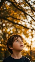 Young boy looking up with wonder during golden hour sunset light filtering through autumn tree branches creating warm bokeh background.
