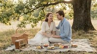 Couple sitting together on blanket under large tree sharing outdoor meal with picnic basket and food spread during golden hour in natural setting.