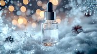 Glass dropper bottle with clear serum against blurred winter holiday background with bokeh lights, snowflakes and frosty decorative elements.