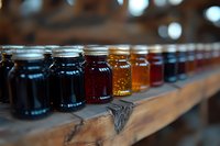 Row of glass jars with colorful liquids on wooden shelf in artisan workshop or laboratory setting for craft brewing or chemical research applications.