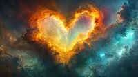 Fiery heart-shaped explosion bursts through dramatic storm clouds with golden flames and turquoise sky creating romantic celestial fantasy scene for Valentine's Day designs.
