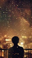 Silhouette of person observing glowing night cityscape with magical bokeh lights and falling snow creating dreamy atmospheric scene from balcony viewpoint.
