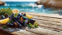 Fresh mussels with lemon slices and herbs on rustic wooden table against blurred turquoise sea background, Mediterranean seafood cuisine concept.