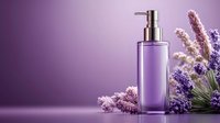 Lavender cosmetic bottle with pump dispenser and fresh lavender flowers on purple gradient background for spa and beauty product packaging design.