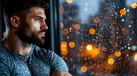 Thoughtful bearded man looking through rainy window with city lights bokeh, contemplative mood during evening downpour.