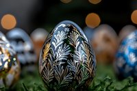 Decorative Easter egg with delicate white and gold floral pattern painted on dark background, surrounded by bokeh lights and moss, showcasing traditional folk art design.