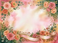 Floral frame with roses, peonies, and greenery in soft pink and peach tones featuring a blank ribbon banner, perfect for wedding invitations, greeting cards, and decorative backgrounds.